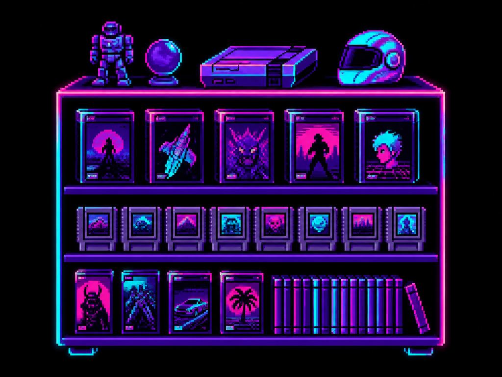 Ilustración pixel art de una vitrina retro con cartuchos y cajas de videojuegos en neón